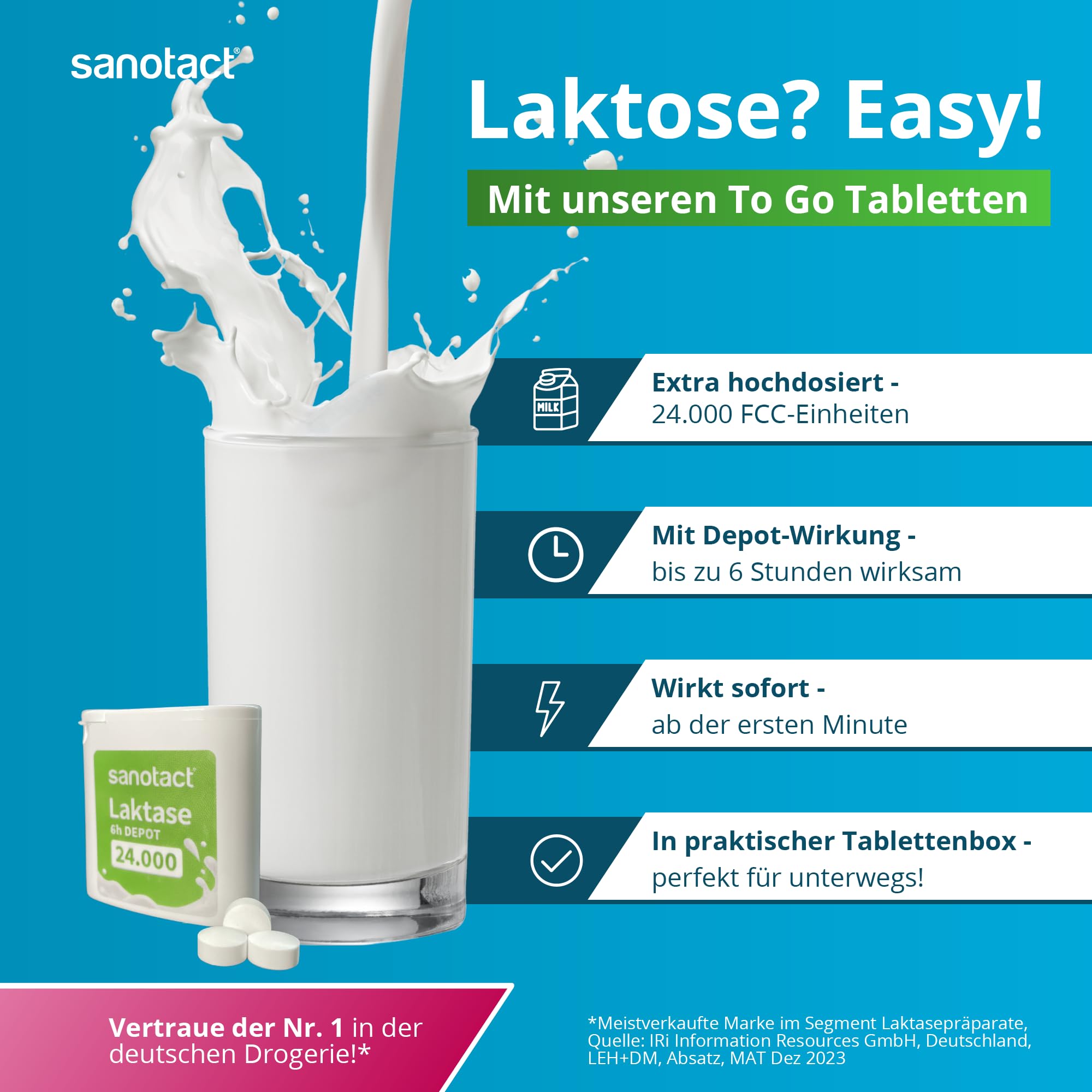 sanotact Laktase 24.000 6h DEPOT (40 Laktasetabletten) • Laktose Tabletten mit Depot-Wirkung • Bei Laktoseintoleranz & Milchunverträglichkeit • Sofortwirkung & 6h Langzeit-Depot