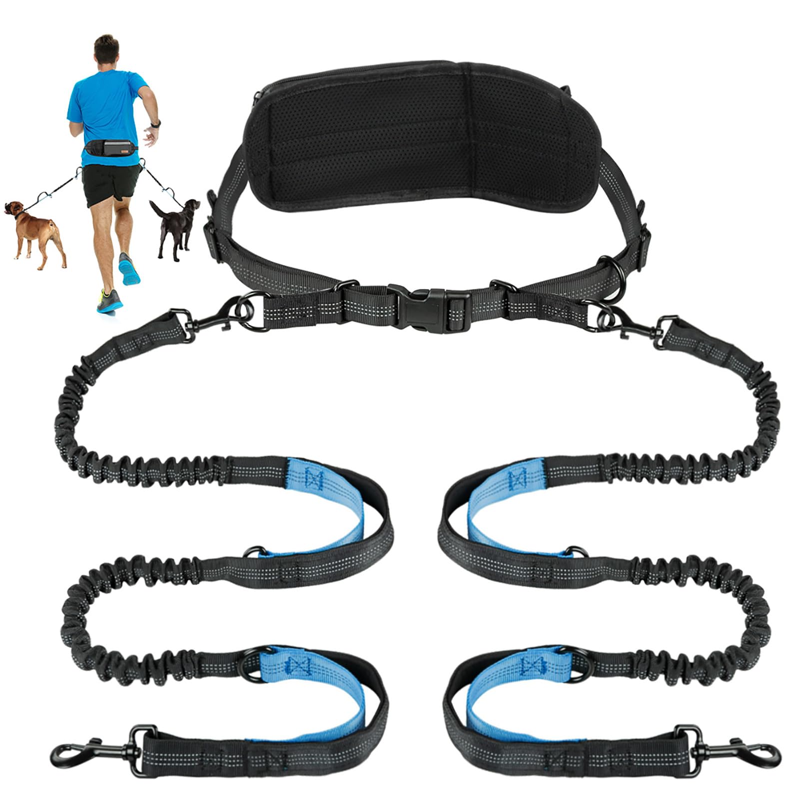 Kytely Hands-Free Dog Leash for 2 Dogs - Retractable Bungee Waist Leash with Zipper Pouch, Wide Padded Waist Belt & Dual Cushioned Handles for Running, Walking, Hiking, Jogging, and Dog Training