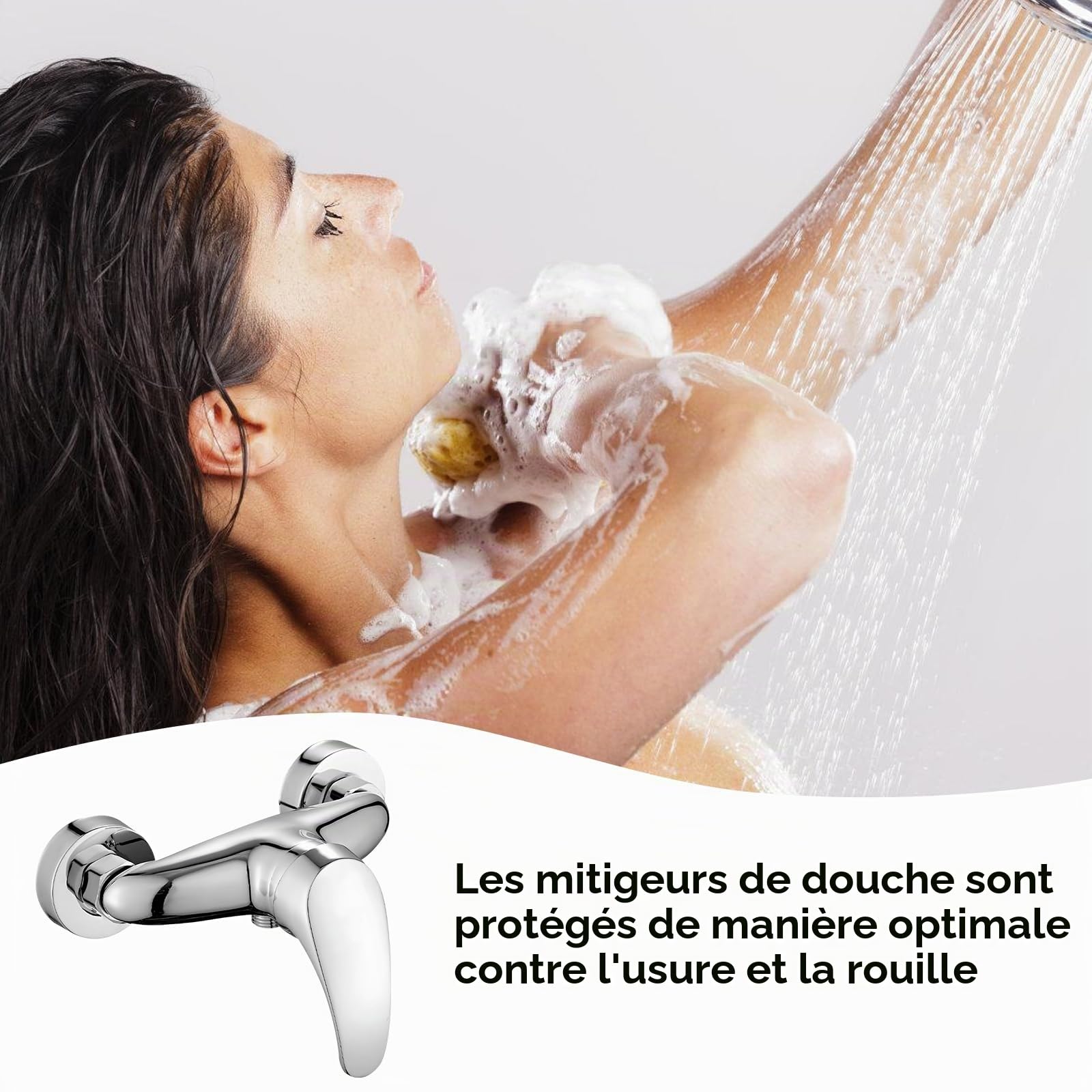Robinet de douche : robinet de douche argenté salle de bain, mitigeur douche, montage mural, mitigeur de douche monocommande chromé avec buse G ½ pour montage mural