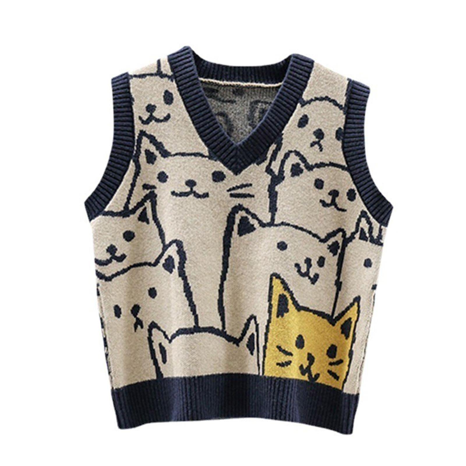 V Neck Knitted Sweater Vest Waistcoat Cute Cartoon Animal Patterns | Womens Clothing | Sweaters
