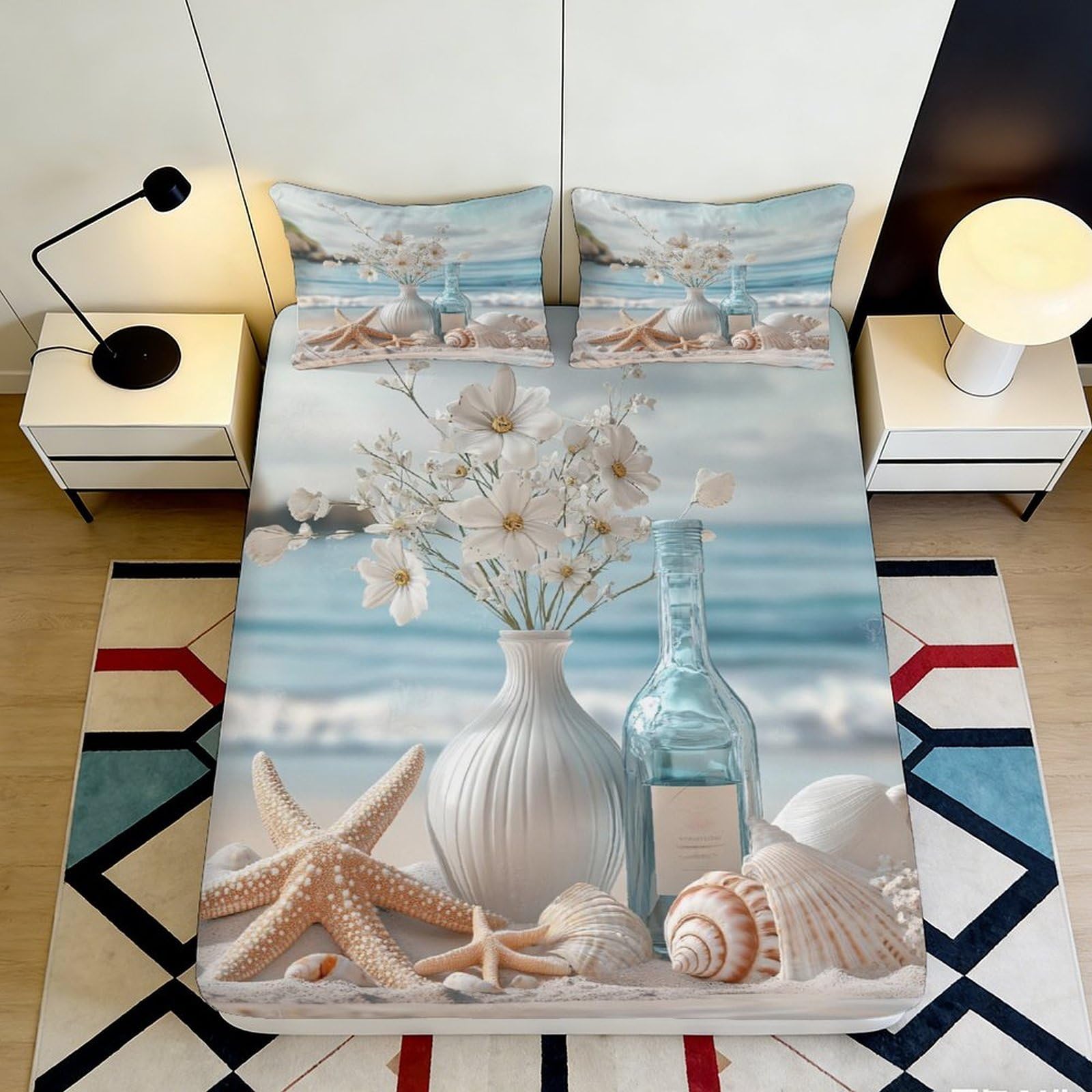 3D Printed Coastal Beach Fitted Sheet Microfiber Soft Seashell Starfish Mattress Cover for Bedroom Guest Room Decor 90x200x25cm