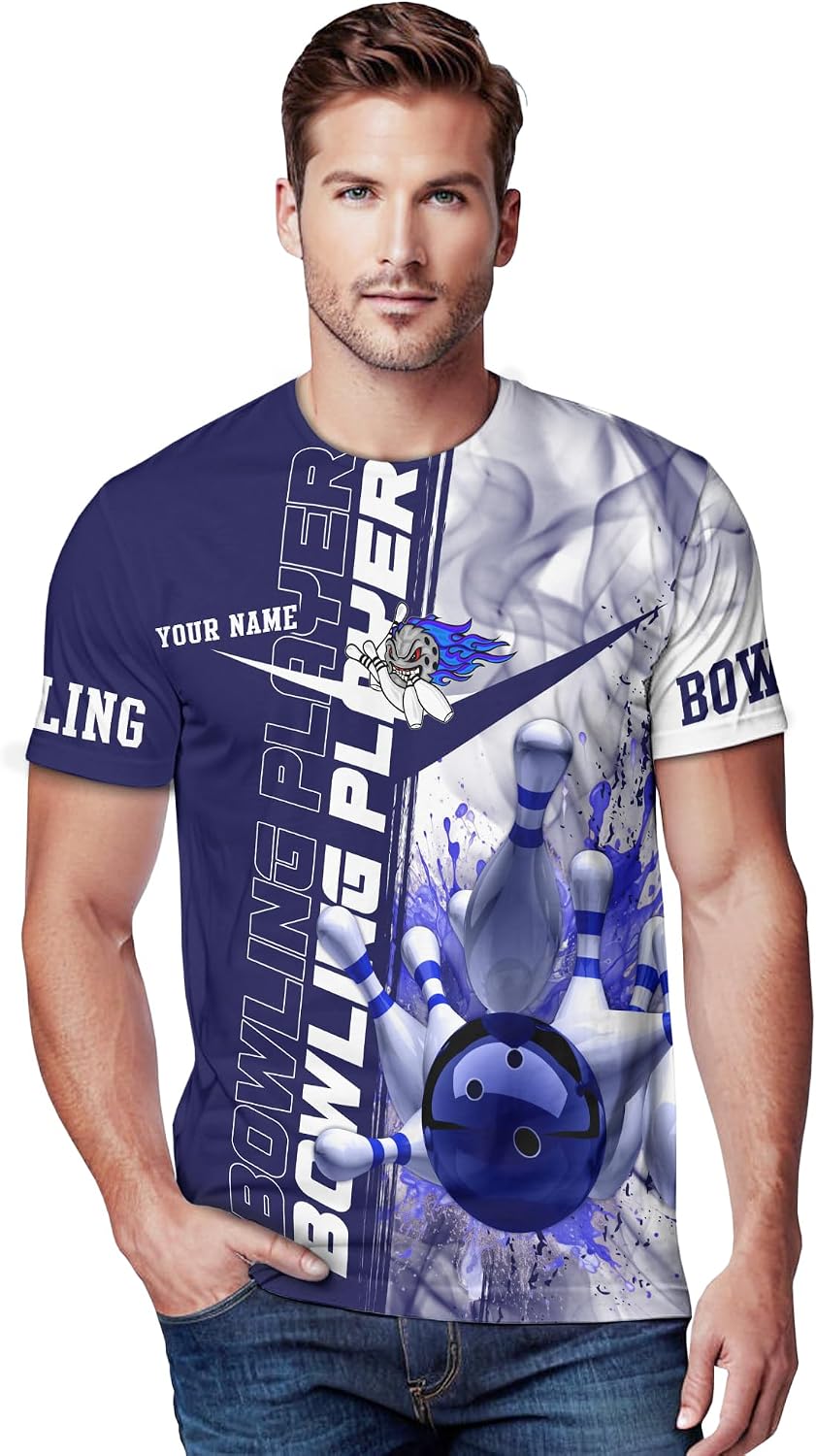Men's Bowling Tshirt Custom Blue Bowling Ball and Smoke T Shirt for Bowling Player Print Bowling Clothes