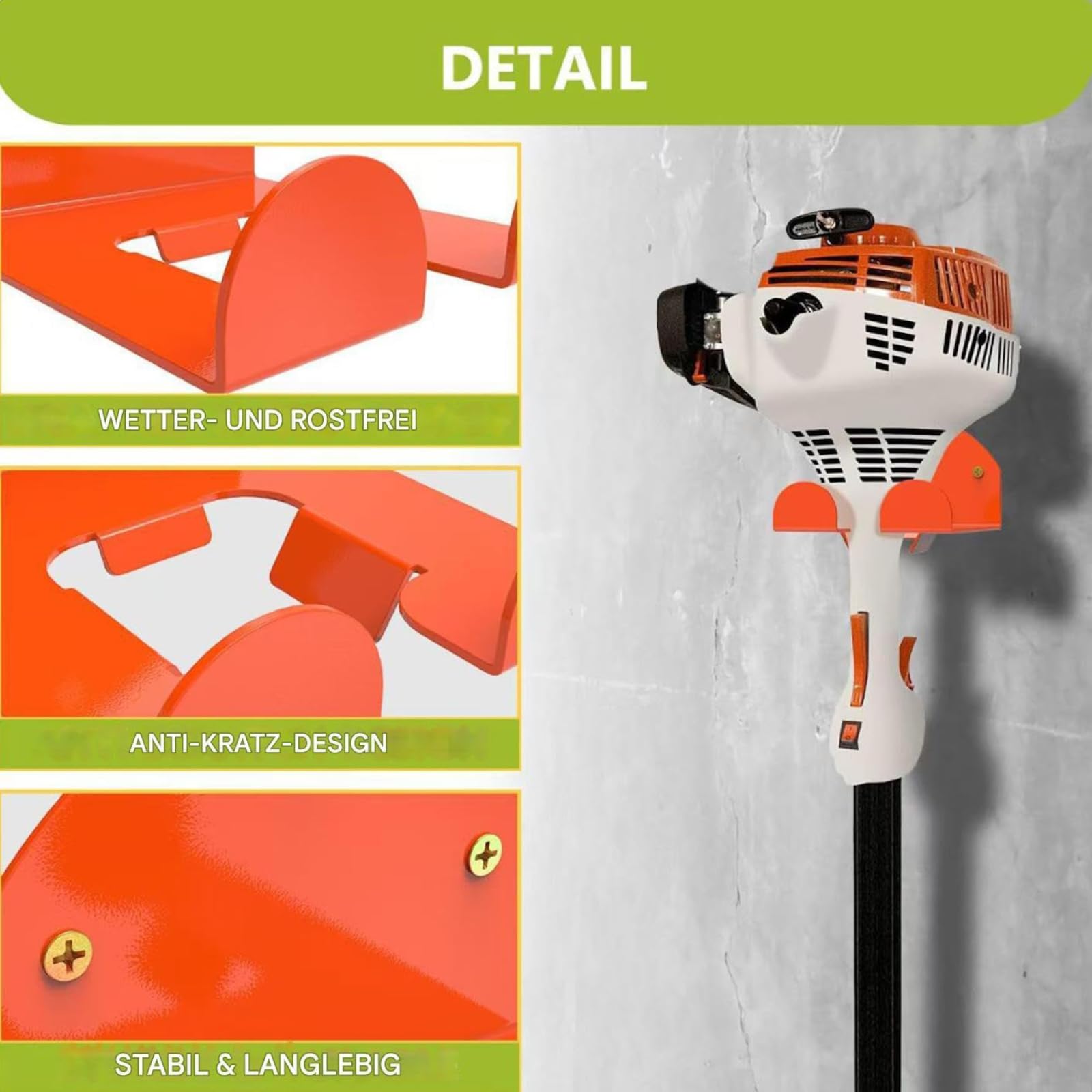 Uchwyt do kosy spalinowej, uchwyt ścienny do podkaszarki do trawy, wieszak na narzędzia ogrodowe, z pasującymi śrubami, do podkaszarki garażowej, sprzętu ogrodowego, pomarańczowy