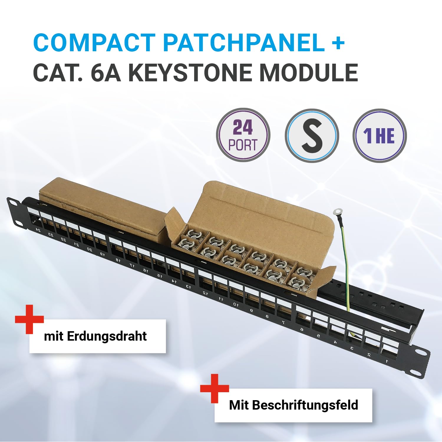 AIXONTEC 24 Port 19 Zoll 1 HE Patchpanel Patchfeld als Set 24x RJ45 Keystone Module Cat.6A Werkzeuglos Buchse Ethernet LAN Verbinder für Cat.7 Cat.6 Schwarz Kabelmanagement Netzwerkabel LAN Kabel