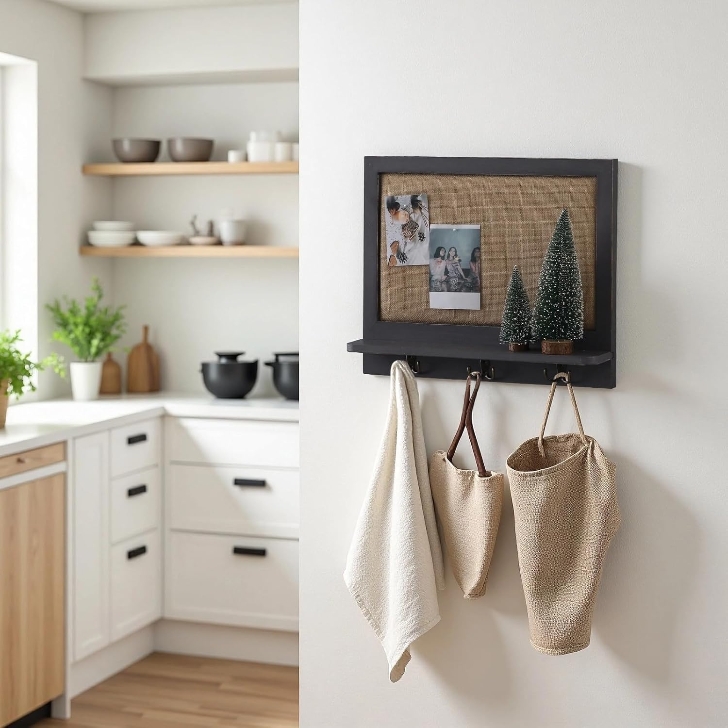 SOFE Linen Bulletin Board White Framed, Message Board with 3 Dual-Prong Key Holder Hooks, Photo Display Boards, Key Rack Wall Mount, Living Room, Dining Room, Hallways Decor