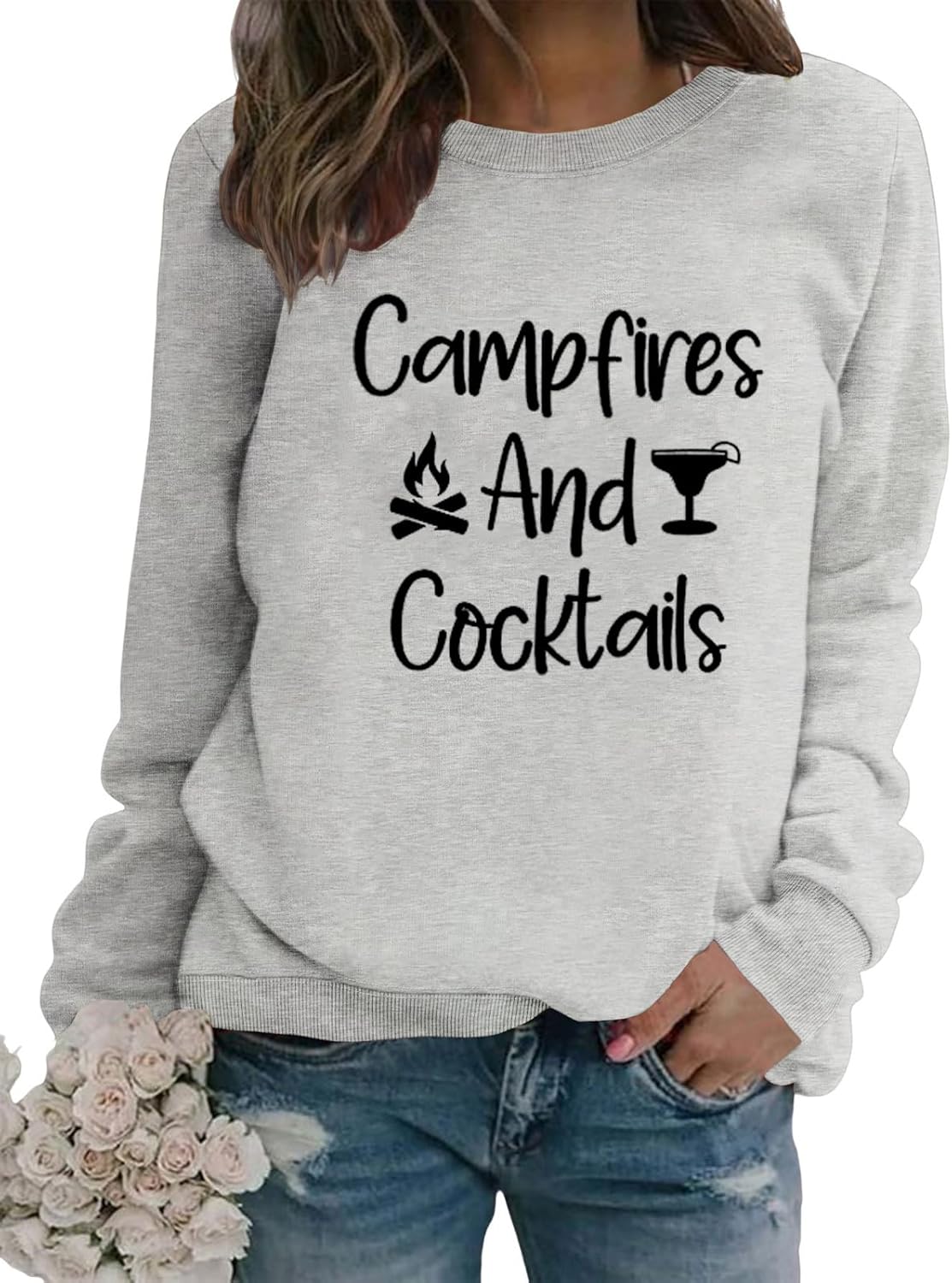 Campfires and Cocktails Sweatshirt Womens Funny Camping Group Graphic Shirt Long Sleeve Hiking Outdoor Pullover
