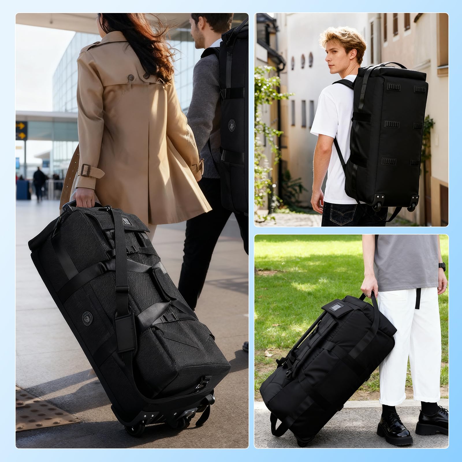 3 in 1 Borsa da Viaggio con Ruote 75L, 80 x 30 x 33 cm Zaino da Viaggio con Organizzatore da Viaggio Impermeabile, Scomparto Scarpe, Oxford Robusto resistente all'usura e impermeabile, Nero