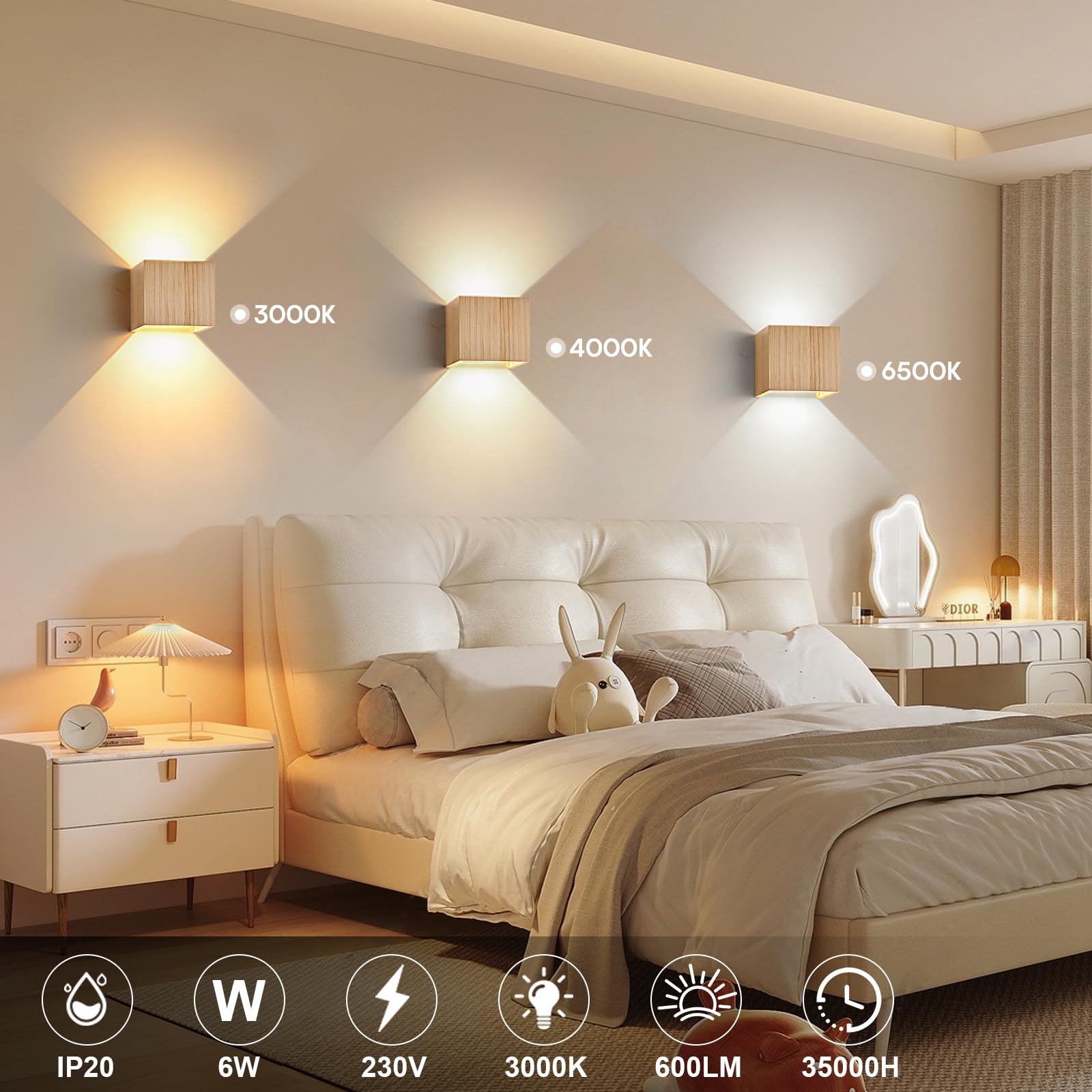 LED Wandleuchte Innen Holz Wandlampe, Dimmbar Wandleuchte Holz Vintage 6W LED Wand 3000K/4000K/6000K Weiß Up Down Flurlampe Einstellbar Abstrahlwinkel Holzlampe für Wohnzimmer Flur, 2PCS