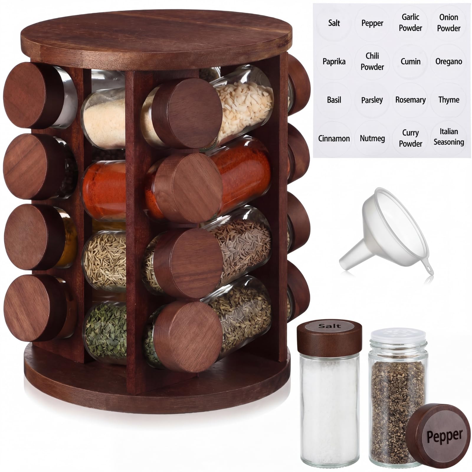 View 1 of [DAMAGED] [MISSING PARTS] Yungyan Acacia Wood Rotating Spice Rack with 16 Jars