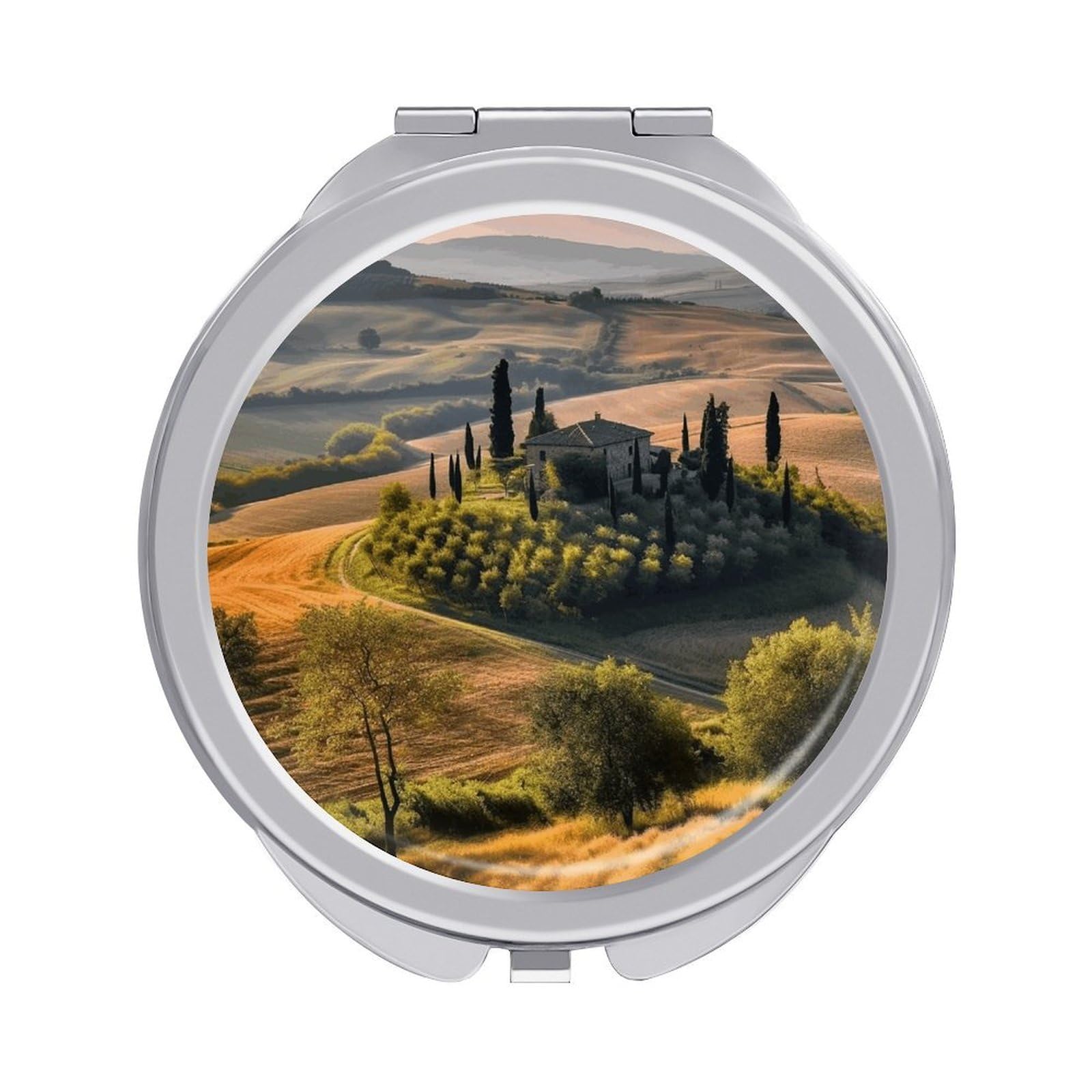 VstaDank Tuscany Landscape Tree Scenery Farm Travel Makeup Mirror Cute Compact Mirror for Women 1X/2X Magnifying Metal Pocket Makeup Mirrors Folding Round Makeup Mirrors for Handbag Wallet & Gift