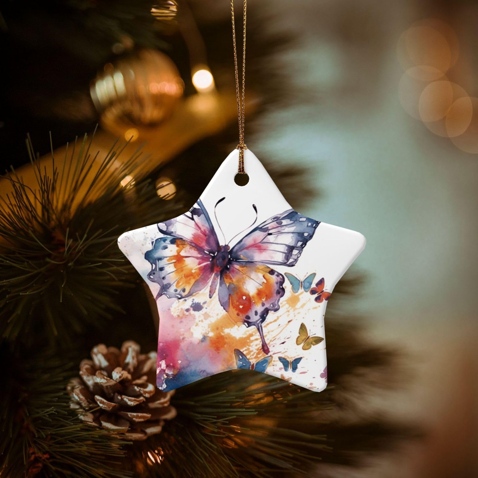 Christmas Tree Ornaments Ceramics Christmas Decorations Watercolor Butterfly Ornaments with Gold Ribbon Porcelain Xmas Tree Crafts Star Shape Hanging Pendant for Christmas Tree Party Decor