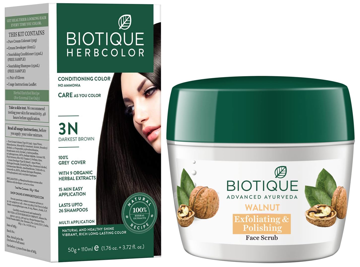 Biotique Walnut Exfoliating & Polishing Face Scrub, 175g & Biotique Bio Herbcolor Conditioning Hair Color, 50g + 110ml - Darkest Brown 3N (Pack of 1)-image-25