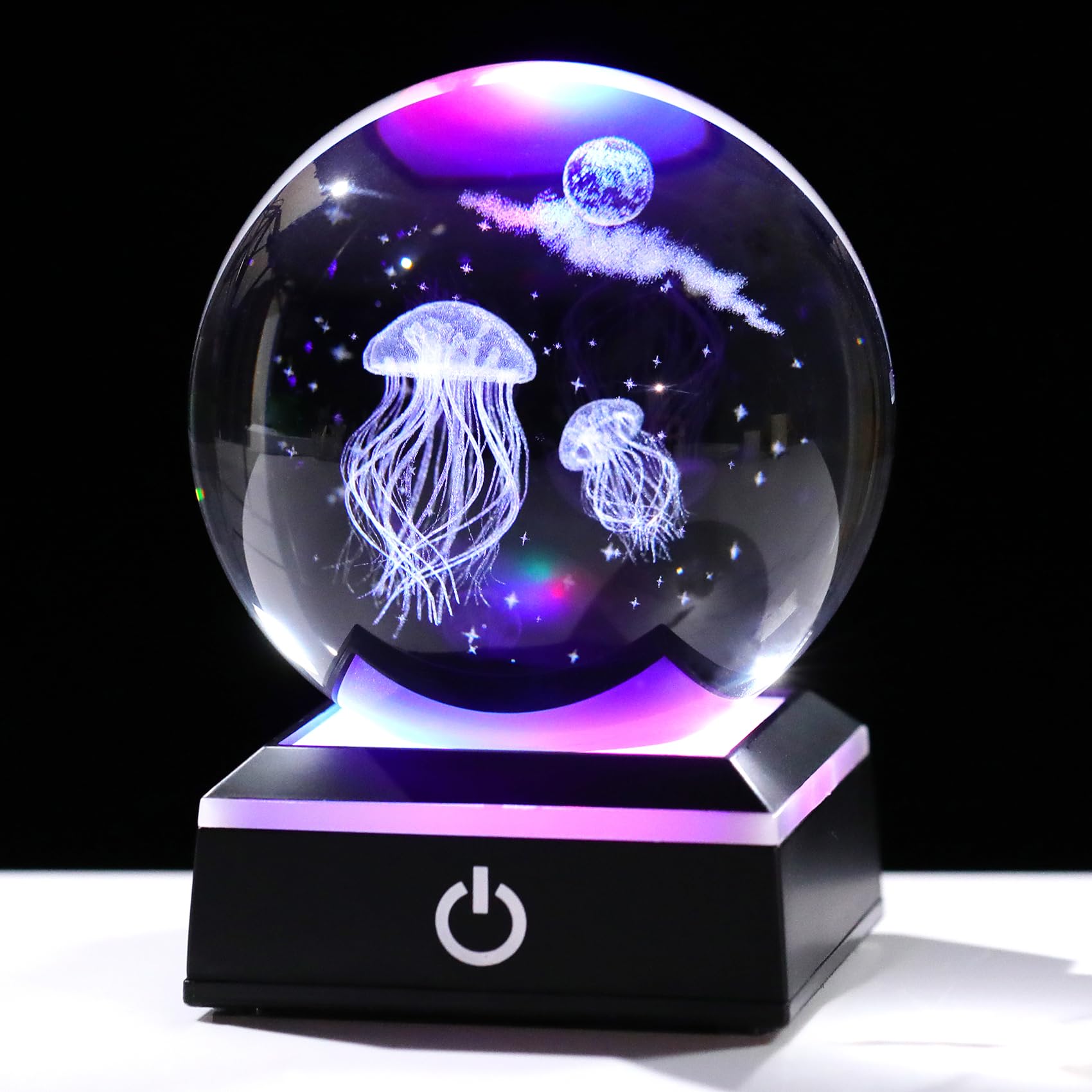 Movdyka 3D Jellyfish and Moon 3.15" Crystal Ball Gifts for Women Glass Sea Animal Art Sphere with LED Lights Base for Mum Sister Presents for Ocean Lovers Home Ornaments Paperweight