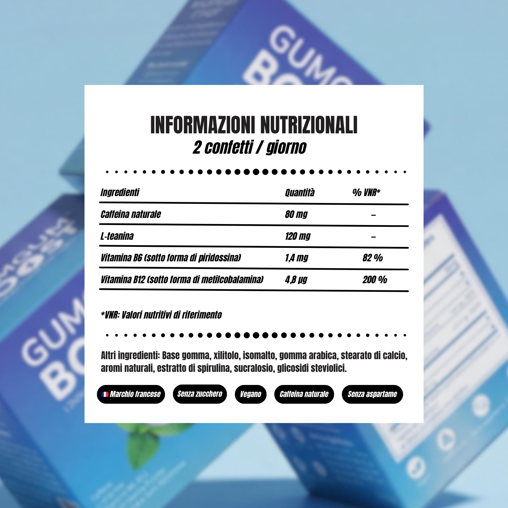 Gumgum Boost - Masticare Gum Energizzante Senza Zucchero con Vitamine B6 & B12 – Caffeina Naturale & L-Teanina – Energia, Concentrazione & Vigilanza – Gusto Menta Fresca – Integratore Vegano – 54