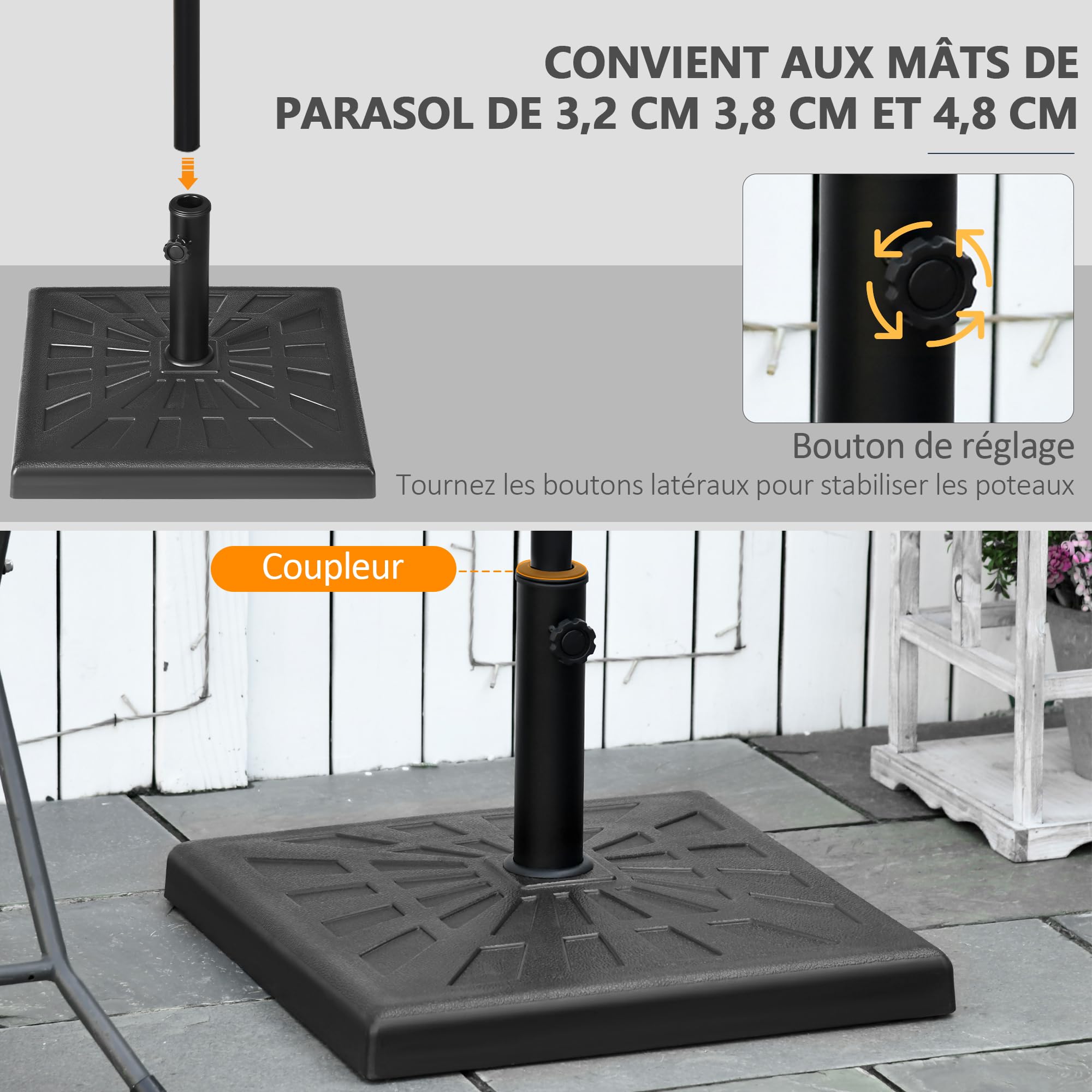 Outsunny Pied de Parasol 19 kg en Polyrésine, Socle Parasol Extérieur Carré 51 cm pour Mâts de Ø 32/38/48 mm, Base de Parasol pour Jardin Patio Terrasse, Noir