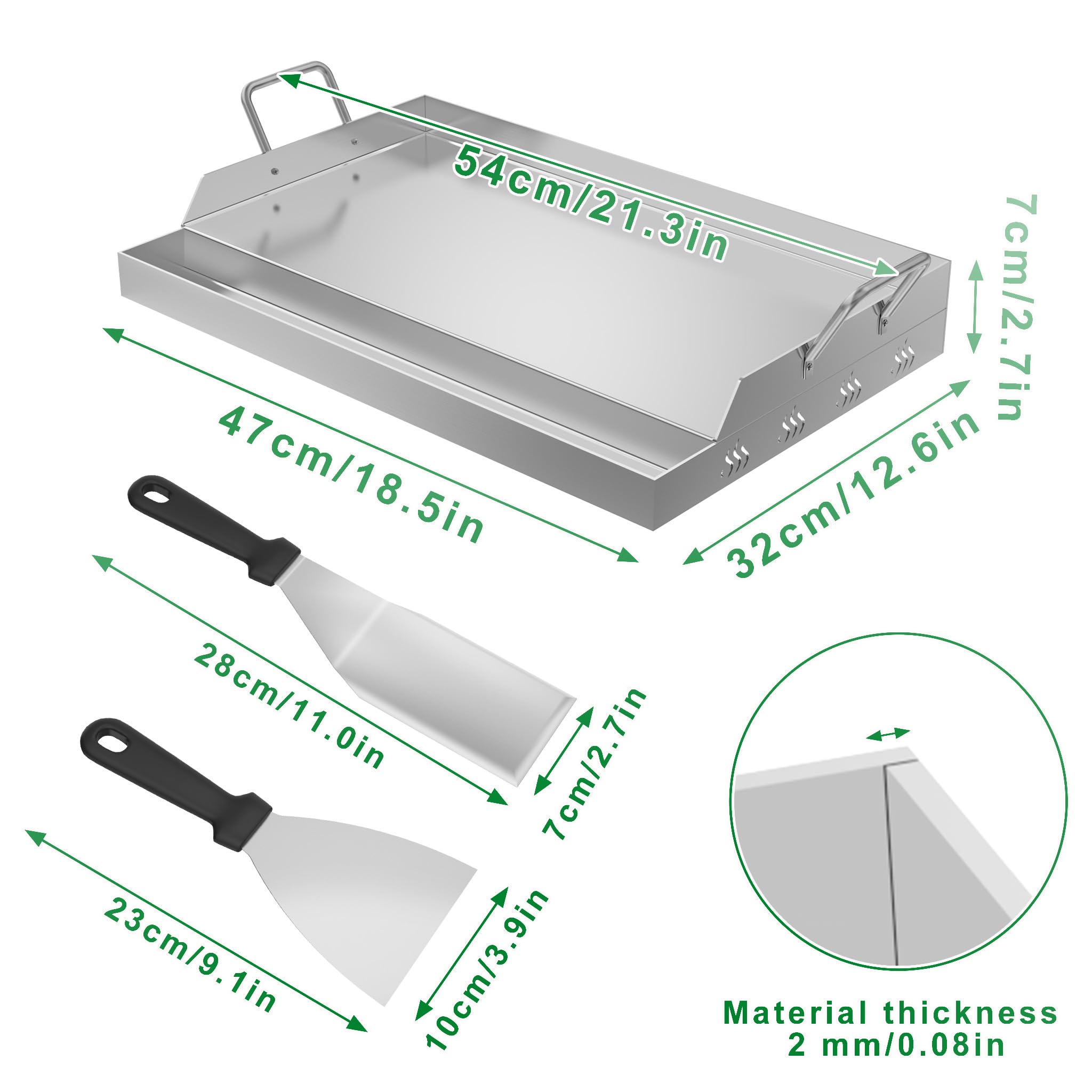 Płyty grillowe Plancha ze stali nierdzewnej, 54 x 32 x 7 cm, zestaw z uchwytem, pojemnikiem na tłuszcz i 2 szpatułkami do grilla, płyta paleniskowa, płyta griddla, do grilla gazowego, grilla