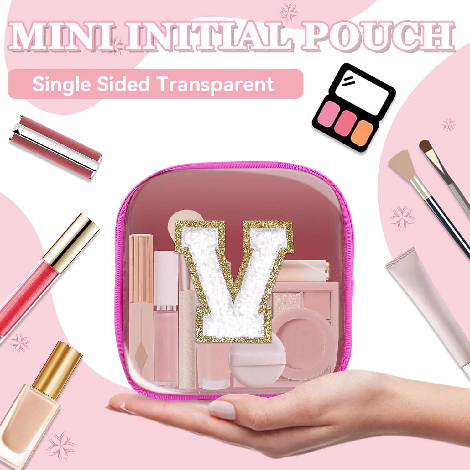 Mini Clear Personalized Initial Makeup Bag,Small Nylon Waterproof Zip Beach Cosmetic Pouch,Preppy A-Z Chenille Letter Patch Cute Coin Purse Travel Toiletry Bag Car Pack Bag for Women(Hot Pink-White V) image 4
