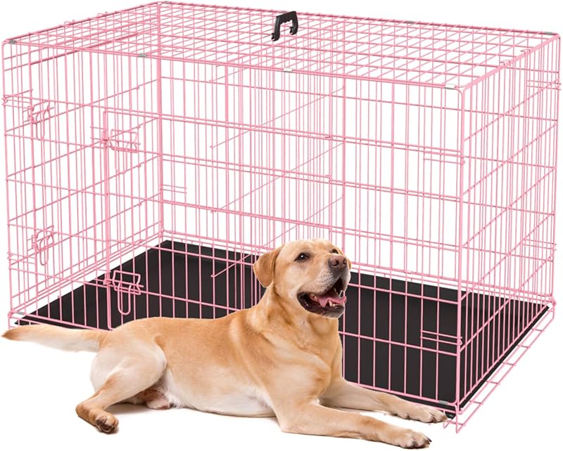 Caixa de Transporte Dobrável para Cães Haiput Wam com Divisória, Duas Portas e Bandeja Removível Rosa — 91,44 x 55,88 x 63,5 cm