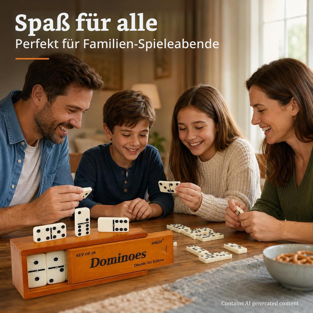 Smilejoy Dominos Set für Erwachsene -Jumbo Größe Dominos Doppel Sechs Edition- Klassische Brettspiele- Dicke Größe Doppel 6 Domino Set mit Deluxe Braun Holz Box, 28 Fliesen (2-4 Spieler)