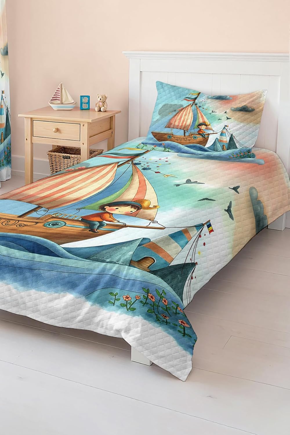 SODEF Bedding Set Sailboat and Cloud Pattern Kids and Teens Room Quilt Set Bedspread, 2 Piece Cotton Polyester Blend - Blue, One Size