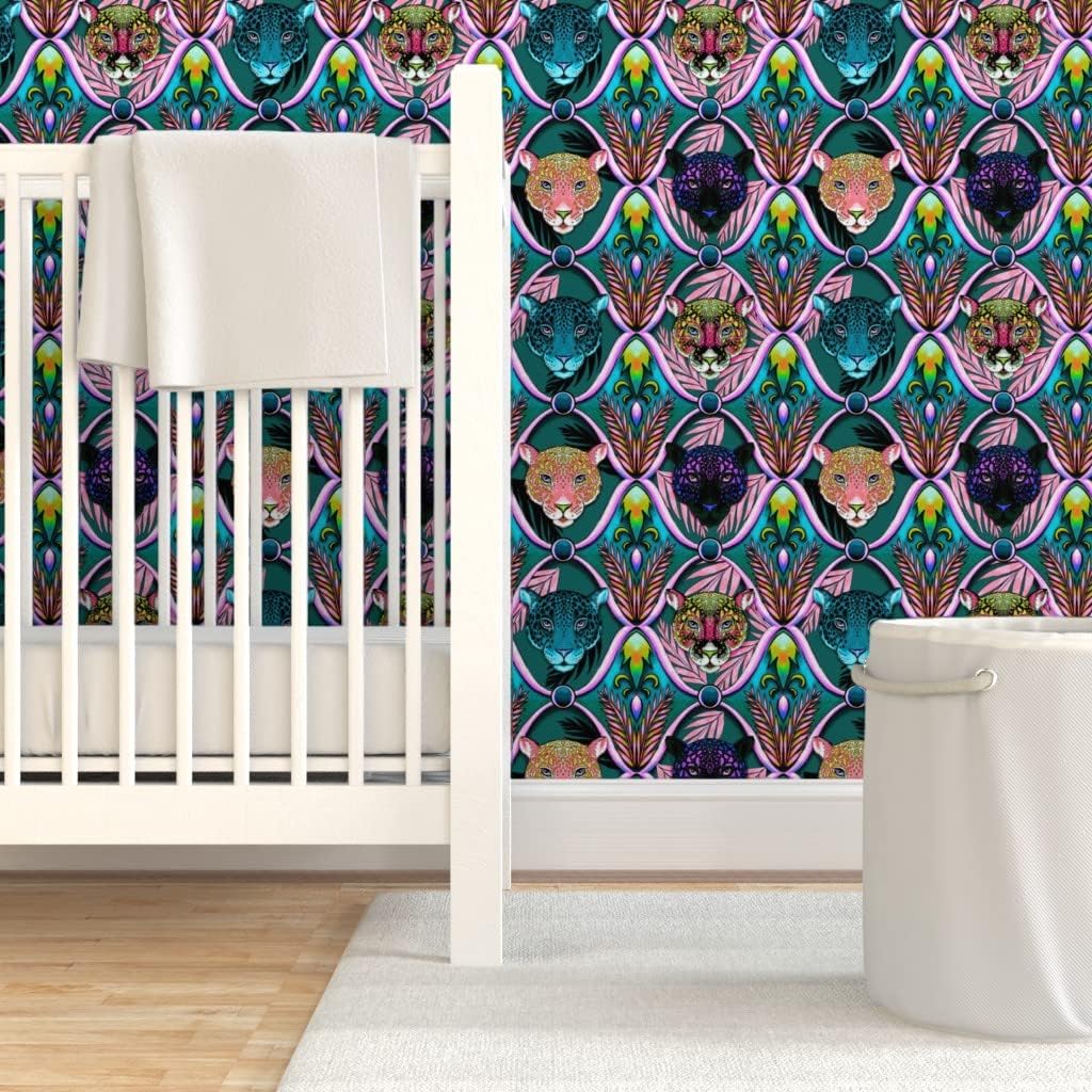 Spoonflower Peel & Stick Wallpaper 3ft x 2ft - Maximalist Neon Ogee Teal Retro Leopards Tropical Jungle Animal Print Custom Removable Wallpaper
