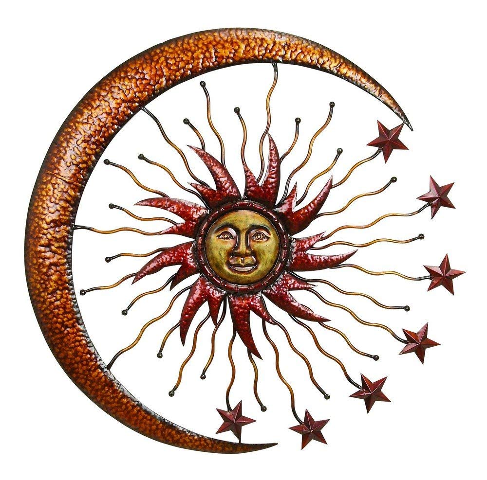 Deco 79 Metal Sun and Moon Home Wall Decor Indoor Outdoor Wall Sculpture with Stars, Wall Art 36" x 1" x 36", Copper