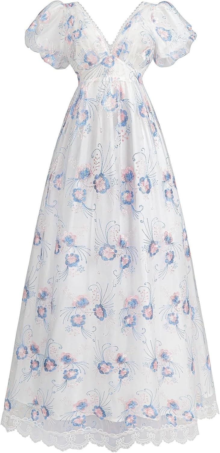 FCCAM Regency Dresses for Women V-Neck Empire Waist 1800s Victorian Dress Costume Ball Gown