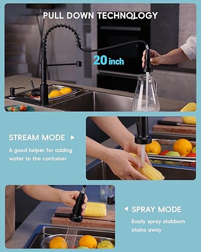 Miniatura 3 de APPASO Grifo de cocina negro con dispensador de jabón y rociador extraíble, grifo de resorte comercial de acero inoxidable SUS304 para fregadero de