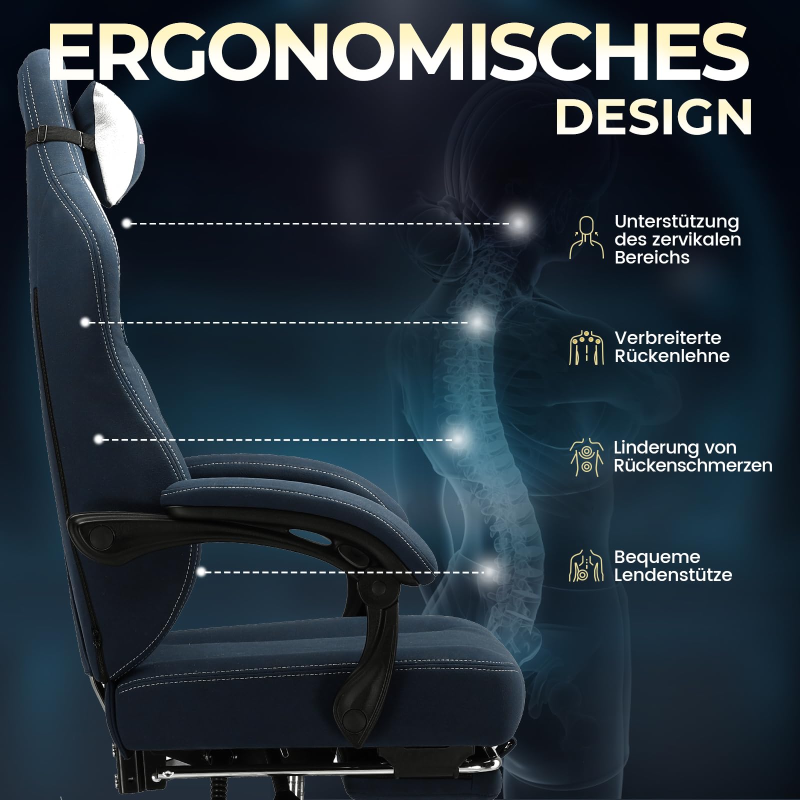 GTPLAYER Sedia da Gaming in Tessuto, Sedia da Ufficio con Supporto Lombare Integrato, da Ufficio, con Cuscino a Molla e Poggiapiedi, Schienale Ispessito, ergonomica per blu