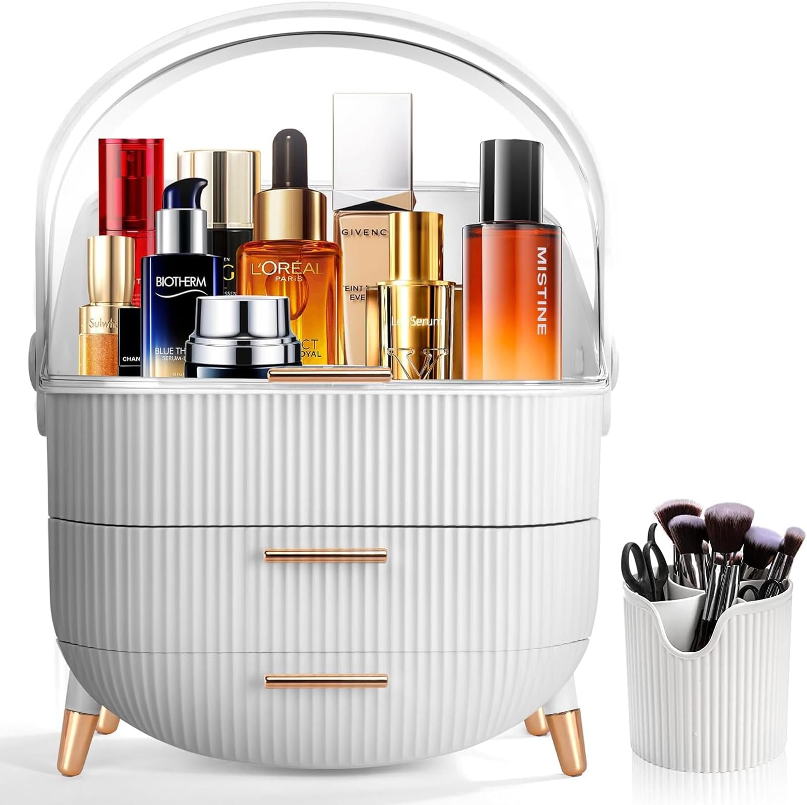 Boîte Rangement Maquillage UCAMP - 3 Niveaux Avec Porte-Pinceaux - Transparente Et Anti-Poussière - Blanc