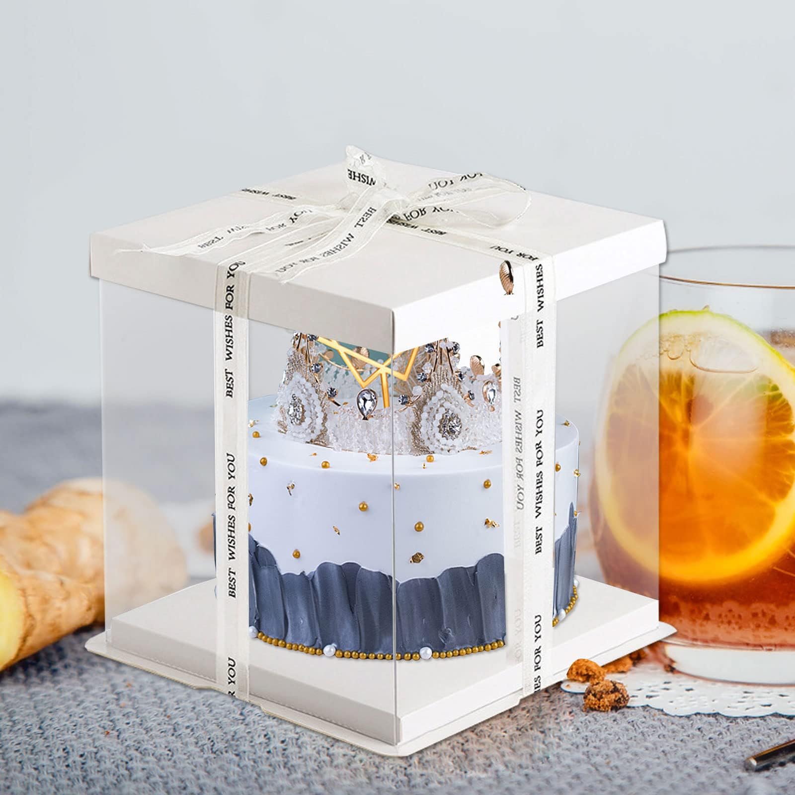 Haploon 10 cajas transparentes para tartas de 7 x 7 x 8 pulgadas, cajas de embalaje de pasteles altas con tapa y cinta de 150 pies de alto para pasteles de nivel para tartas de doble capa de 4