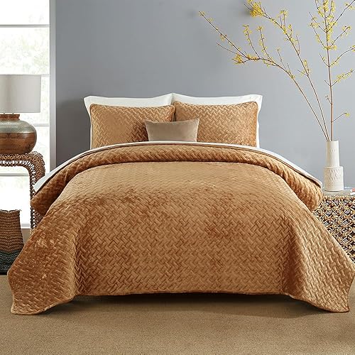 Miniatura 20 de Juego de ropa de cama de terciopelo, juego de edredón de lujo elegante y ultra suave, cobijas de terciopelo con patrón de punto tejido, edredón