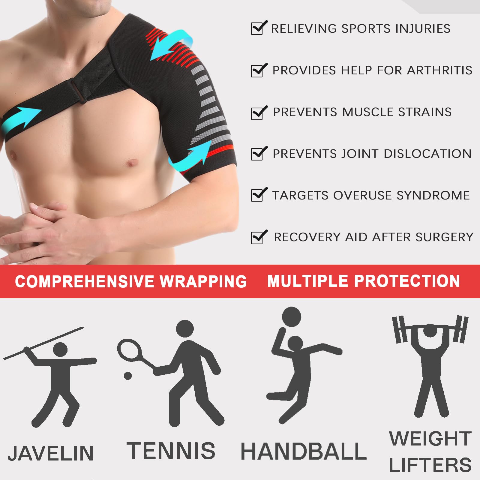 Jorun Tutore per spalla per uomini e donne, manica a compressione regolabile per alleviare dolori, lussazioni articolari, lesioni (rosso, S/M)