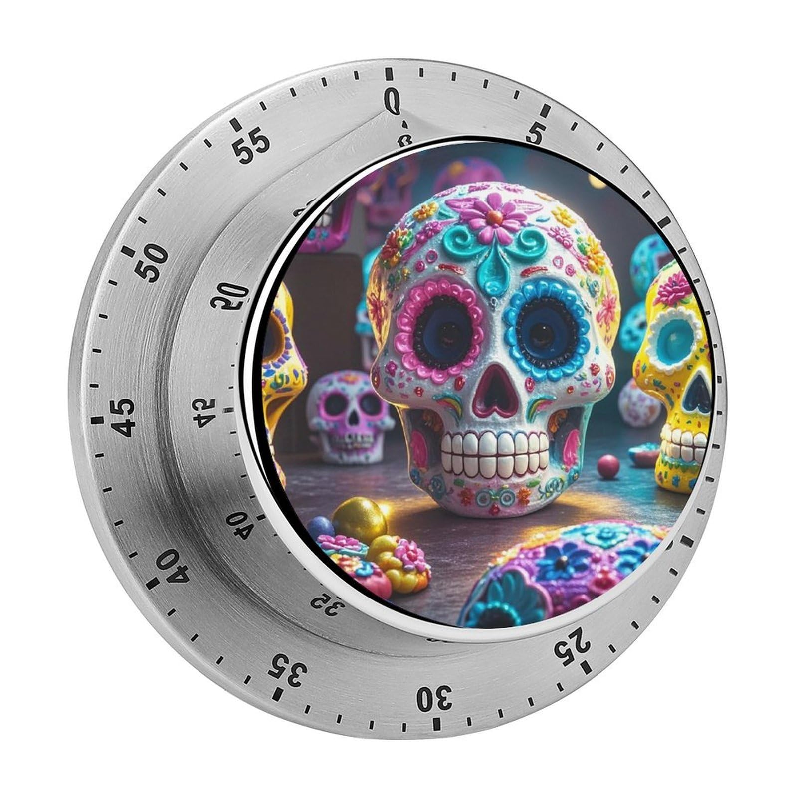 Sugar Skulls Timer Fashion Visual Timers Wind Up 60 Minutes Desk Timers Stainless Steel Magnetic Timer Countdown Clock No Batteries Loud Alarm for Kitchen Chef Cooking