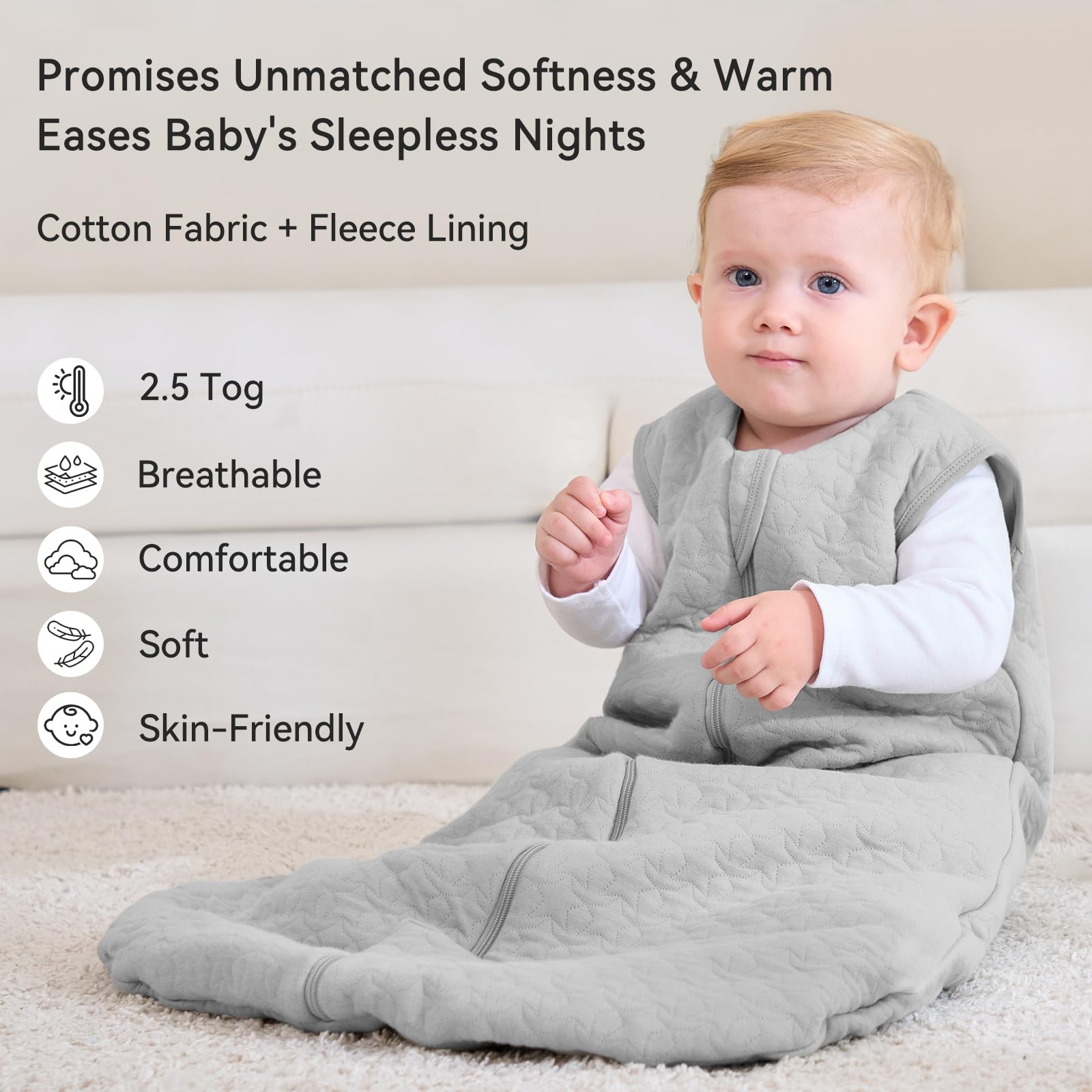 Unnivoll Sacco Nanna Invernale 0-6 Mesi - Sacco Nanna Neonato 2,5 Tog per Bambini, Tessuto 100% Cotone, Primavera Estate Inverno Autunno Cenere