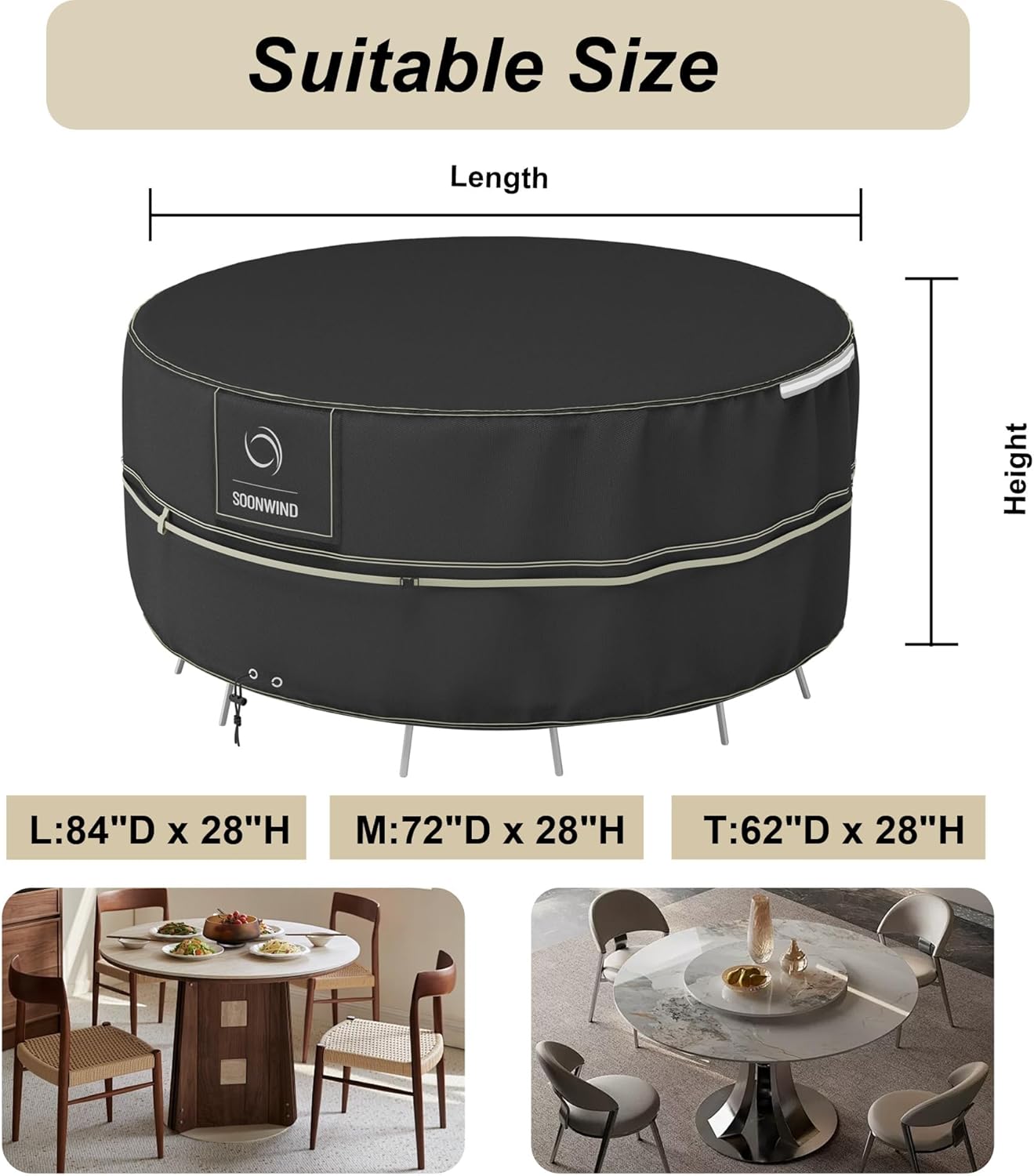 Heavy Duty Waterproof Outdoor Patio Furniture Covers - All Weather Protection for Sectional Sofa, Dining Table & Chair Set, Patio Furniture Protector Cover (All Black, Round-62"D x 28"H)