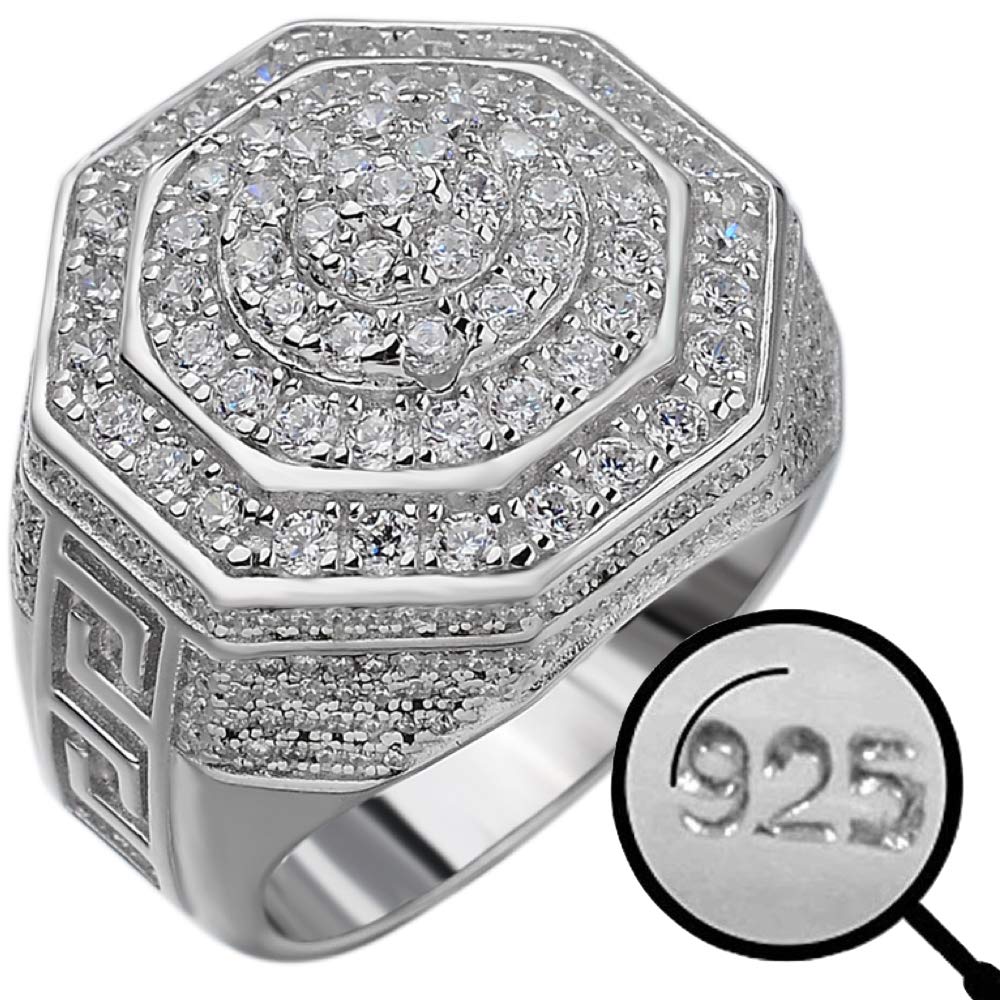 HarlemBlingSolid 925 Sterling Silver Men's Ring Iced Flooded Out Ring - Icy Hip Hop Octagonal Cluster Men's Ring - Large 18mm