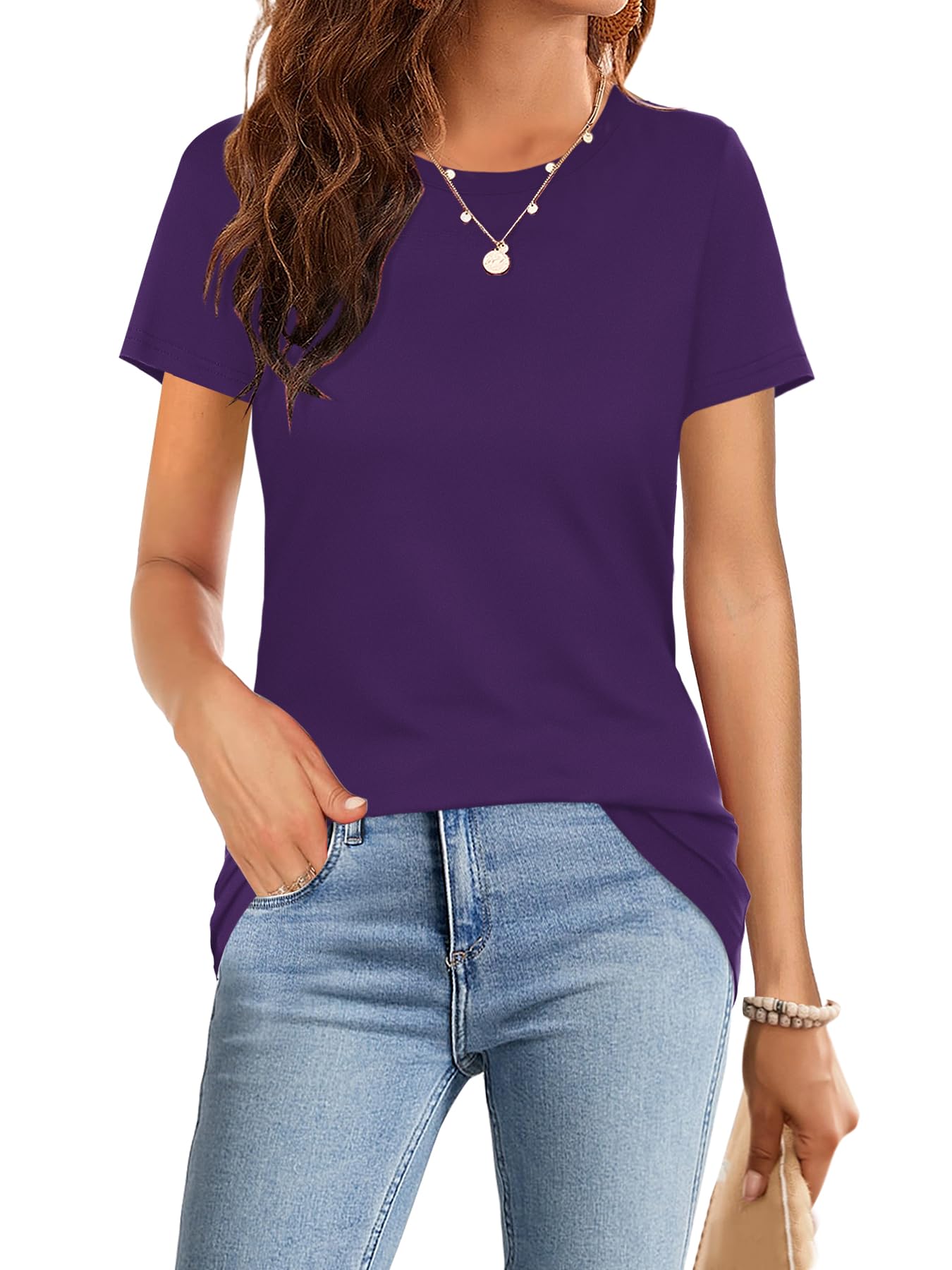 Elesomo Womens Tops Short/Long Sleeve T-Shirts Fitted Crewneck Tee