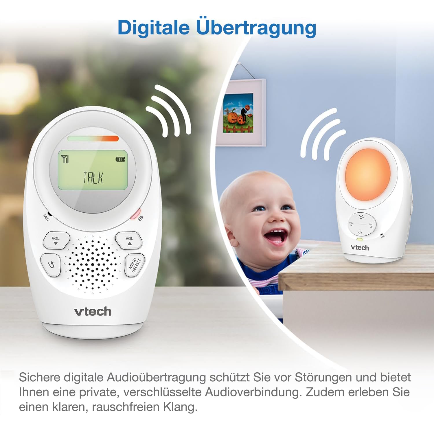 Vtech Digitales Audio-Babyphon DM1211 – Mit DECT-Technologie, Gegensprechfunktion, LCD-Lautstärkeanzeige, Temperatursensor, Nachtlicht u. v. m. – Mit Eltern- und Babyeinheit