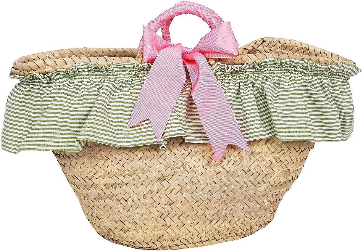 Capazo Mimbre y Toalla de Playa Personalizado para niña - Conjunto para piscina con nombre bordado - 2 Piezas (Good Vibes Rosa/Verde)
