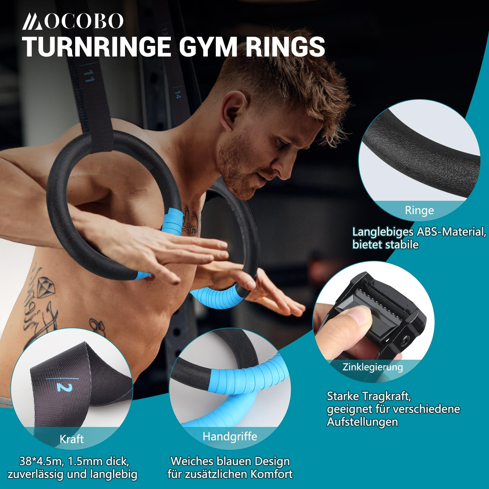 MOCOBO Turnringe, Ringe Turnen, Gym Rings, Calisthenics Ringe, Fitness, ABS Gymnastikringe mit Hochfeste Polyester-Gurtbänder, Blaues Griffband, Zinklegierungs-Schnallen für Indoor & Outdoor Training