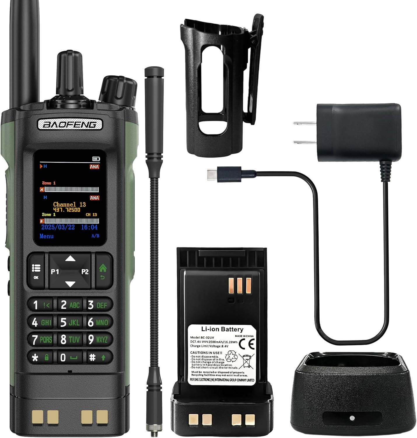 BAOFENG DM-32 DMR Radio 10W Walkia Talkie GPS/APRS Two Way Raido USB-C Charging Multi-Band FM/AM WakieTalkie DM32 with Belt Clip and Gooseneck Antenna (Green)