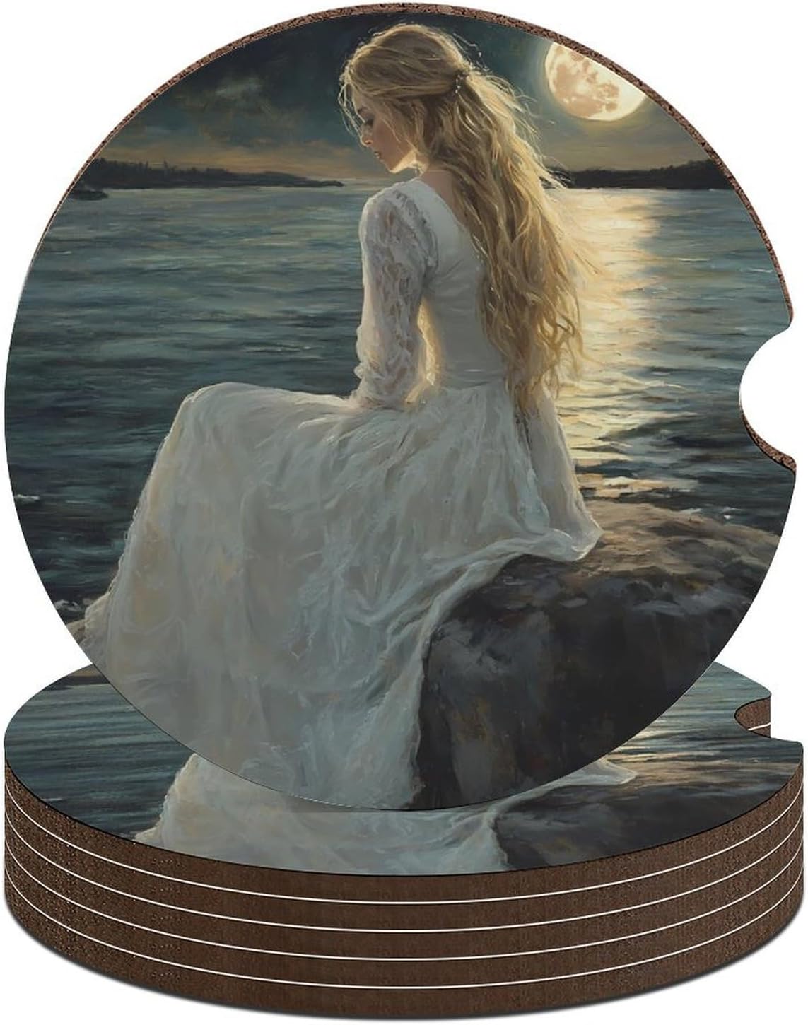 Witch Woman Moon Beach Cute Car Coasters 2.56 Inch Absorbent Cup Holder for Drinks Auto Interior Accessories