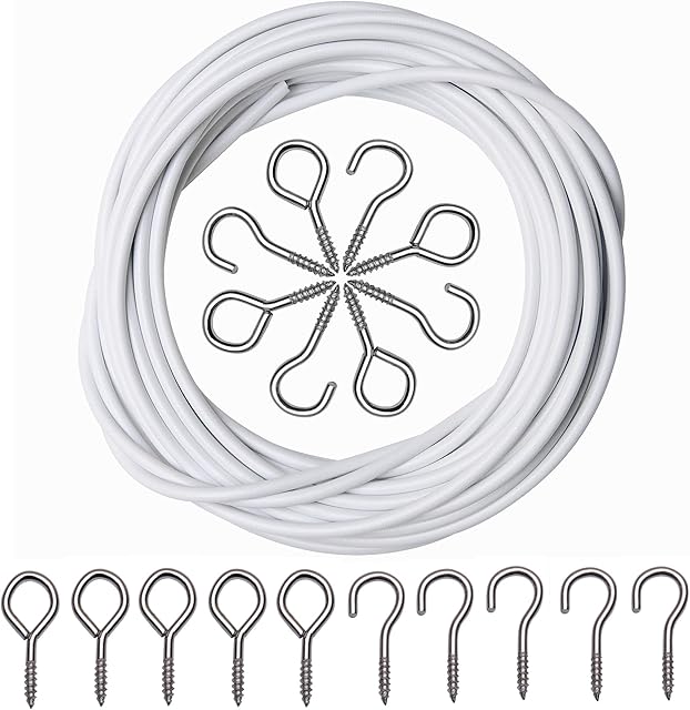 ASIWUJING Curtain Wire 4 Metres Net Curtain Wire Cord Cable with 10 Hooks and 10 Eyes
