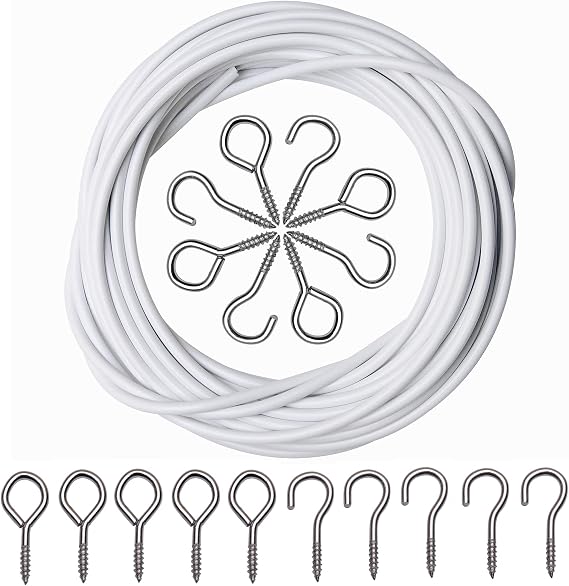 ASIWUJING Curtain Wire 4 Metres Net Curtain Wire Cord Cable with 10 Hooks and 10 Eyes… Amazon
