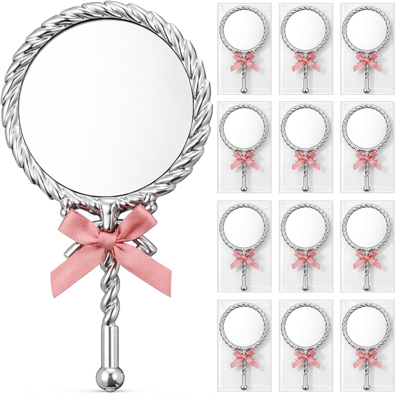 Teecyhooo Conjunto de Espelhos de Mão Vintage Prateados com Alça, 12 Unidades, Caixas Transparentes e Laços Rosa