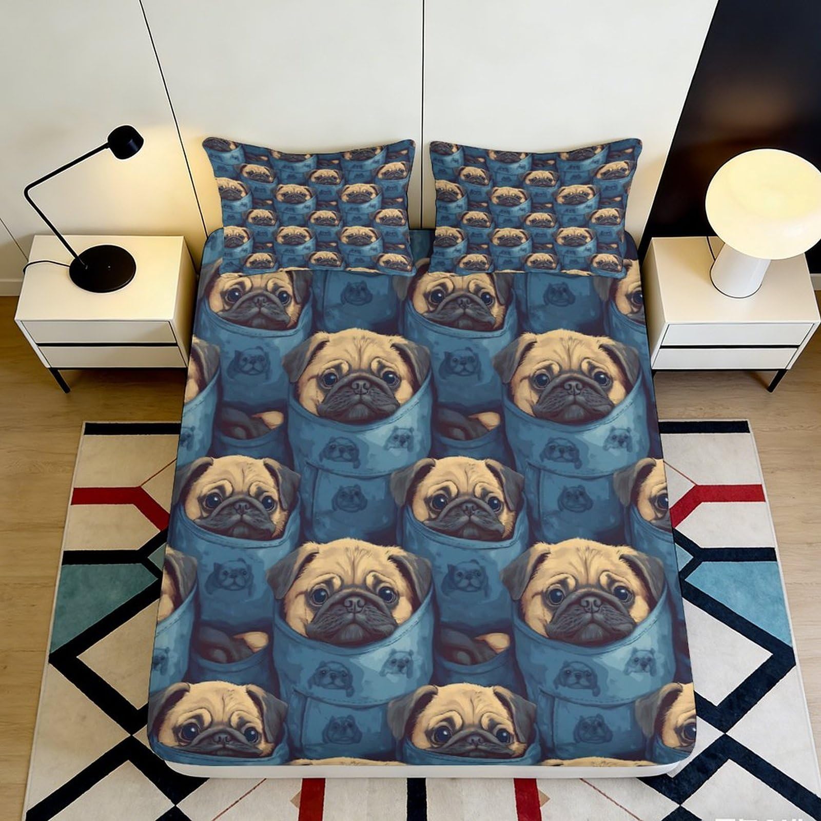3D Printed Pug Cartoon Fitted Sheet Microfiber Soft Breathable Dog Pattern Mattress Cover for Bedroom Dorm Decor 140x200x25cm