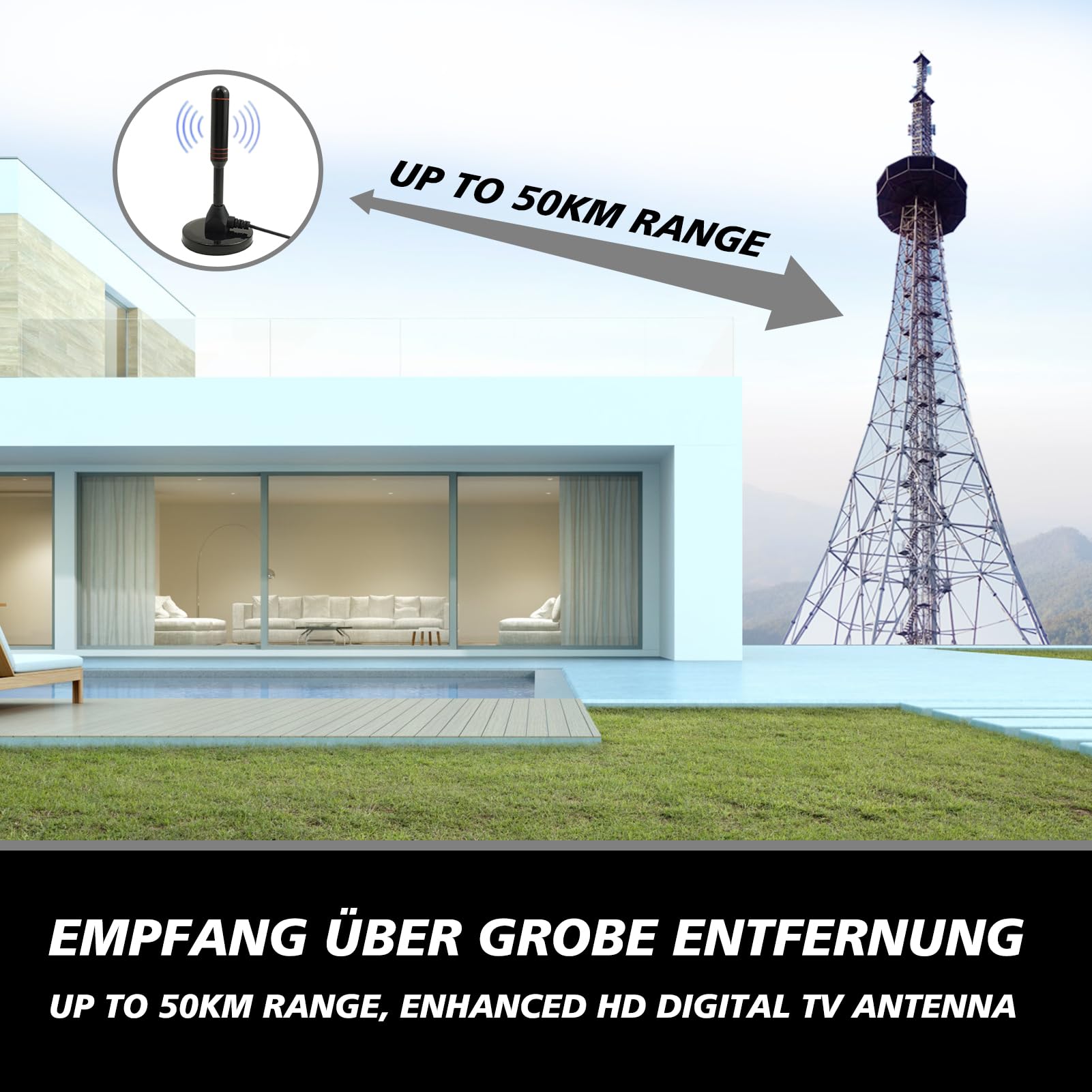 Antenna TV Interna Amplificata PEOGHMO – Portata 620+KM, 4K HDR, Cavo 10m, Ricezione 360°, Per Canali Locali Gratuiti HD