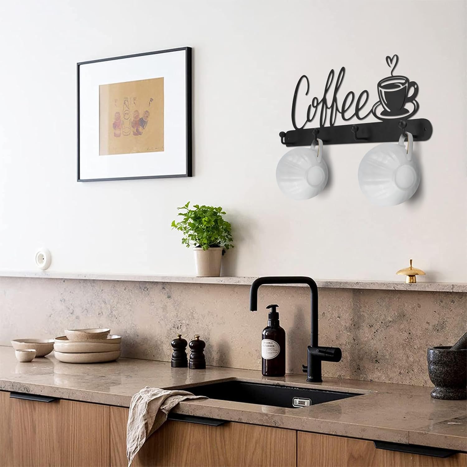 4PC Black Metal Coffee Cup Holder Wall Mounted Metal Coffee Cup Rack Hanger with 16 Hooks and Coffee Sign, Coffee Mug Wall Rack for Coffee Bar, Kitchen Utensils Display