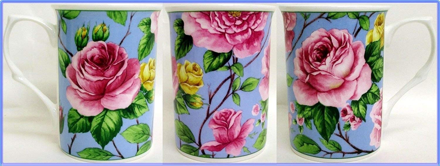 Rose Bloom Mugs Set of 2 Fine Bone China Pink Roses Blue Version Mugs Hand Decorated in UK